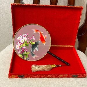 Vintage Round silk Hand Fan with Koi and Floral Design